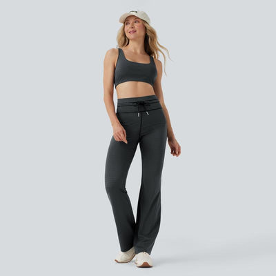 Halara 2-Piece Low Support U Neck Cut Out Stripe Yoga Sports Bra & High Waisted Drawstring Striped Yoga Pants with Pockets Set
